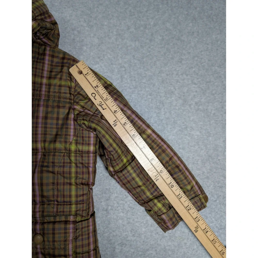 Lands End Kids Plaid Sherpa Lined Quilted Hooded Jacket Olive Green Brown 3T